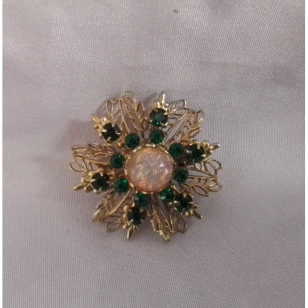 Vintage Gold-Toned Snowflake Brooch Pin With Green Rhinestones & Iridescent Ston